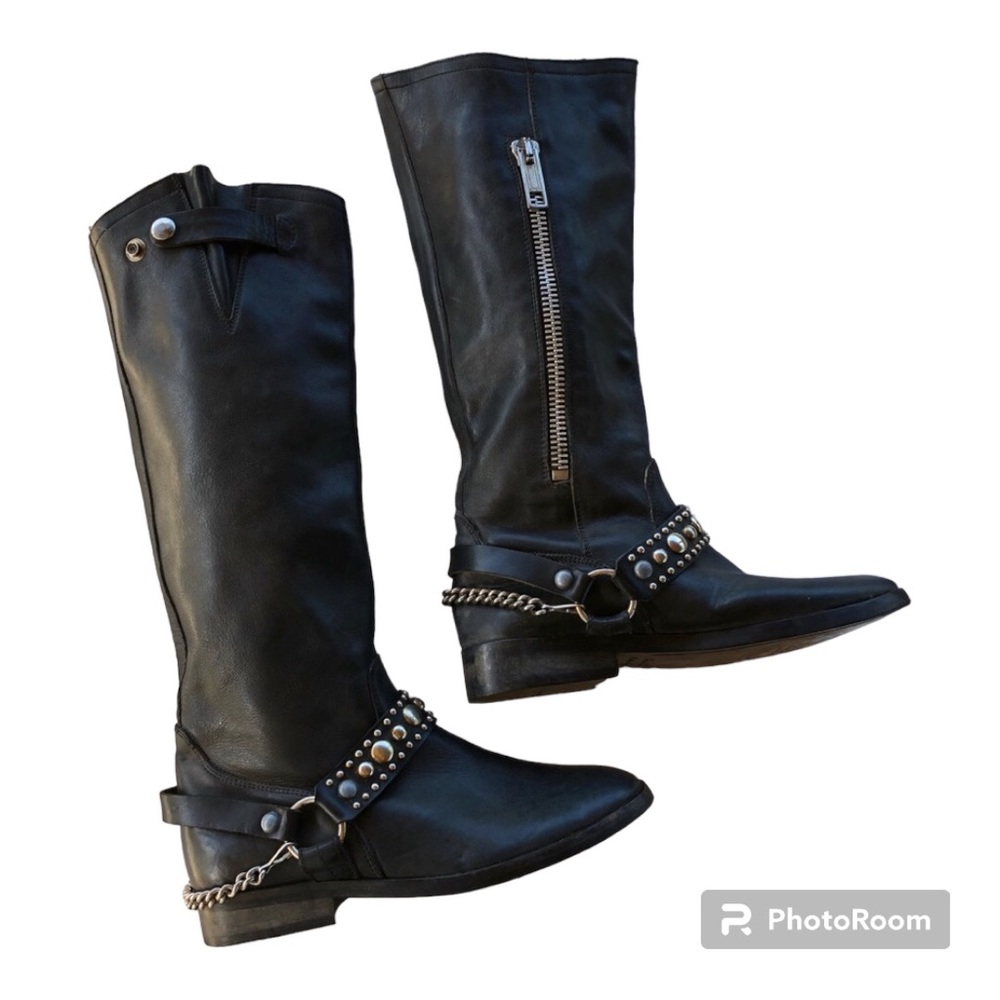 Golden Goose Black Studded motorcycle Knee High Leather Boots Bikercore - Picture 2 of 6
